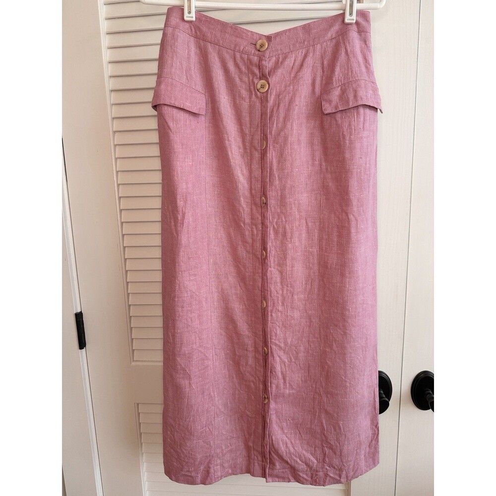 Harve Benard Pink 100% Linen Button Front Midi Skirt Womens Size 6 Cottagecore